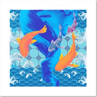 Orange Koi Fish with a Blue Swirl Ocean- Happy Hong Kong Posters and Art